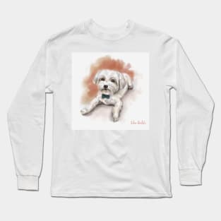 Cute Watercolor Drawing of Maltese, Orange Background Long Sleeve T-Shirt